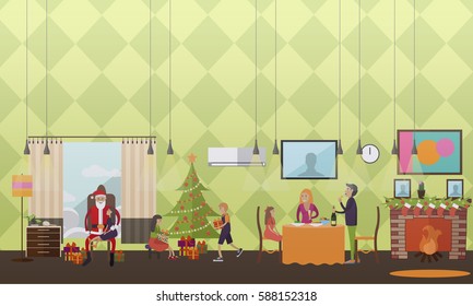 Vector illustration of people making wishes, children with gifts and Santa Claus fulfilling their wishes. Christmas time of miracles concept design element in flat style.