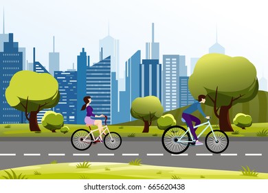 Vector illustration of people man and woman riding on a bicycle near city park. Modern city background. Cartoon vector illustration.