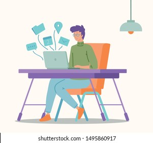 vector illustration of people a man working on desk with laptop in cute cartoon style