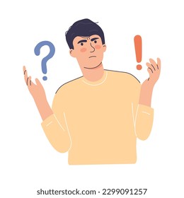 Ilustración vectorial de personas marcando signos de interrogación y exclamación. Confundido sobre respuestas o preguntas. Plano aislado sobre fondo blanco