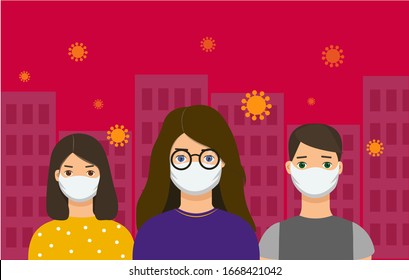 Vector illustration with people in masks with city and coronavirus on background. Protection against dirty air, colds and other problems.