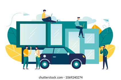 vector illustration of people and modern house. modular smart home vector