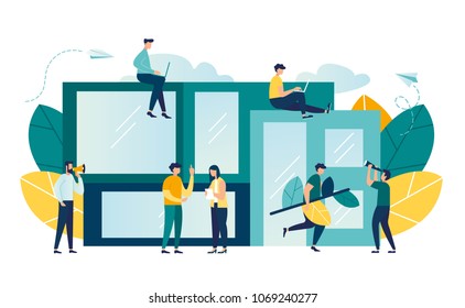 vector illustration of people and modern house. modular smart home vector