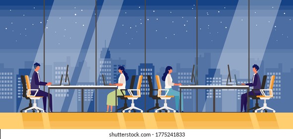 Vector illustration of people in the modern office with a view of skyscrapers at night. Big windows look out to see city view. Modern flat colorful vector illustration. Concept for business scenes.