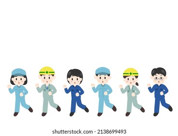 Vector illustration of people moving forward. Worker, construction worker, delivery person, cleaning staff. 