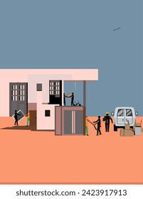 Ejemplo vectorial de personas mudándose a una nueva oficina y casa en un apartamento urbano sereno en la ciudad
