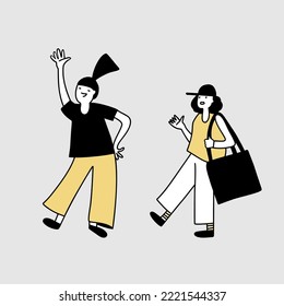 Vector illustration of people  in naive style,  isolated on background.  Two girls.