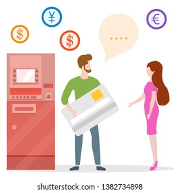 Vector illustration with people near ATM. Man with bank card, female assistant helping clients. Financial transactions using ATM. Consultant near automated teller machine for customer.