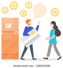 Vector illustration with people near ATM. Man with bank card, female assistant helping clients. Financial transactions using ATM. Consultant near automated teller machine for customer.