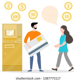 Vector illustration with people near ATM. Man with bank card, female assistant helping clients. Financial transactions using ATM. Consultant near automated teller machine for customer.