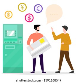 Vector illustration with people near ATM. Man with bank card, male assistant helping clients. Financial transactions using ATM. Consultant near automated teller machine for customer.