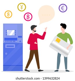 Vector illustration with people near ATM. Man with bank card, male assistant helping clients. Financial transactions using ATM. Consultant near automated teller machine for customer.