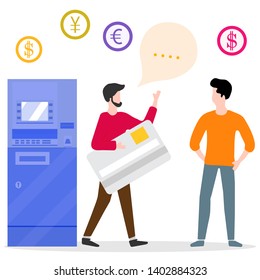 Vector illustration with people near ATM. Man with bank card, male assistant helping clients. Financial transactions using ATM. Consultant near automated teller machine for customer.