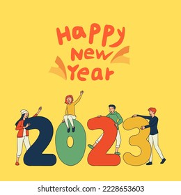 vector illustration of people with new year text, stylized, colorful, on yellow background, top view. perfect for backgrounds, social media and celebrating new year's day