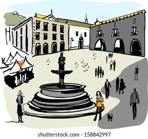 Vector illustration of people in old city square, Viana Do Castelo, Portugal. 