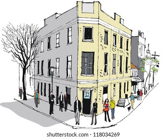 Vector illustration of people and old hotel, Sydney Australia.