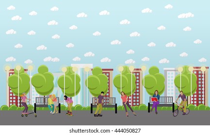 Vector illustration of people on bicycle, skateboard, rollers and scooter. Sport design elements and icons. Teenager makes tricks and stunts. Skate park banners.