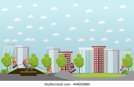 Vector illustration of people on bicycle, skateboard, rollers and scooter. Sport design elements and icons. Teenager makes tricks and stunts. Skate park banners.