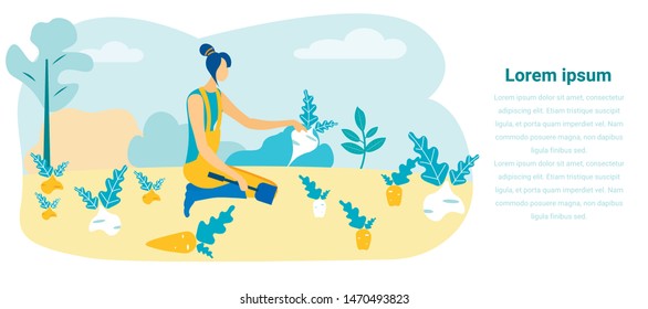 Vector Illustration. People on Farm. Natural Products. Farm Harvest. Grow Vegetables. Take Care Plants and Vegetables. Advertising Image. Woman in Yellow Jumpsuit Harvests Harvest on Vegetable Bed.
