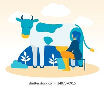 Vector Illustration. People on Farm. Natural Products. Farm Milk. Grow Vegetables Fruits. Farm Business. Woman Sits on Chair Milking Spotted Cow. Mlkmaid with Bukcet. and Animal in Pasture.