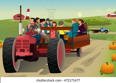 A Vector Illustration Of People On Hayride In A Farm During Fall Season