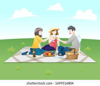 Vector illustration People on a picnic. Group of happy friends at picnic on park. Young smiling men and women eating food, Summer picnic, Picnic party. Vector illustration in flat style