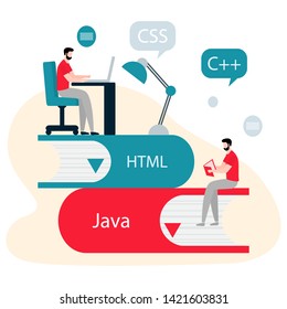 Vector illustration with people on stack of books, studying manual, working on computer. Flat style. Background for the programming landing page. Design for web page, presentation, print.