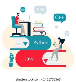 Vector illustration with people on stack of books, studying manual, working on computer. Flat style. Background for the programming landing page. Design for web page, presentation, print.