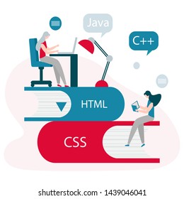 Vector illustration with people on stack of books, studying manual, working on computer. Flat style. Background for the programming landing page. Design for web page, presentation, print.