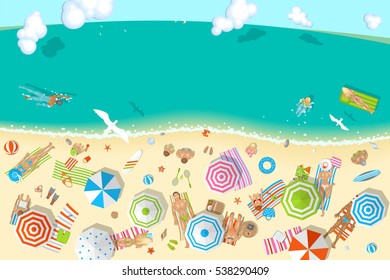 Vector Illustration. People On A Sunny Beach. (top View)
Summertime - Sea, Sand, Umbrellas, Towels, Chairs, Clothes, Objects. (view From Above)