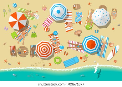 Vector illustration. People on a sunny beach. (top view) Summertime - sea, sand, umbrellas, towels, chairs, clothes, objects. (view from above)