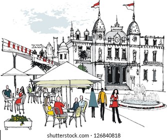 Vector illustration of people on vacation eating at outdoor restaurant, Monaco.