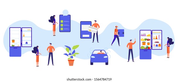 Vector illustration with people order foods, drinks in the application on phone, pay, delivery by the car on white background Fast and convenient shipping Free delivery Design for app, websites, print