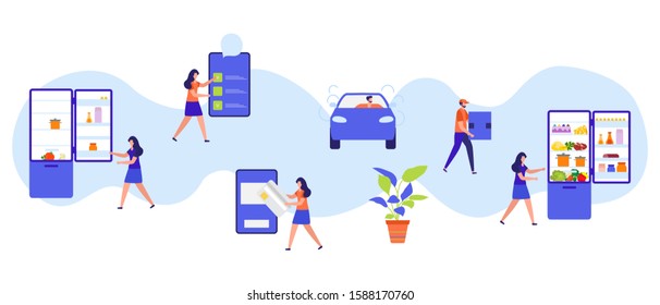 Vector illustration with people order foods, drinks in the application on phone, pay, delivery by the car on white background Fast and convenient shipping Free delivery Design for app, websites, print