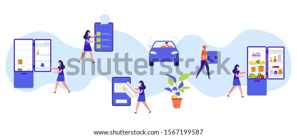 Vector illustration with people order foods, drinks\
in the application on phone, pay, delivery by the car on white\
background Fast and convenient shipping Free delivery Design for\
app, websites, print