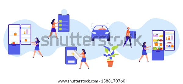 Vector illustration with people order foods, drinks\
in the application on phone, pay, delivery by the car on white\
background Fast and convenient shipping Free delivery Design for\
app, websites, print