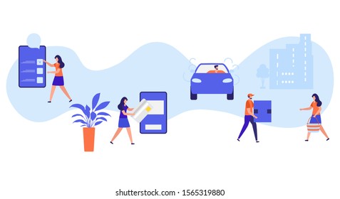 Vector illustration with people ordering freight services in the application on phone, pay, delivery by the car on white background. Fast and convenient shipping. Design for app, websites, print