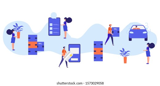 Vector illustration with people ordering freight services in the application on phone, pay, delivery by the car on white background. Fast and convenient shipping. Design for app, websites, print