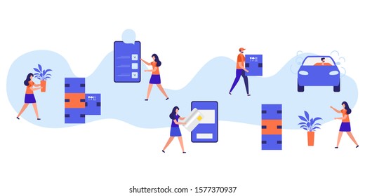 Vector illustration with people ordering freight services in the application on phone, pay, delivery by the car on white background. Fast and convenient shipping. Design for app, websites, print
