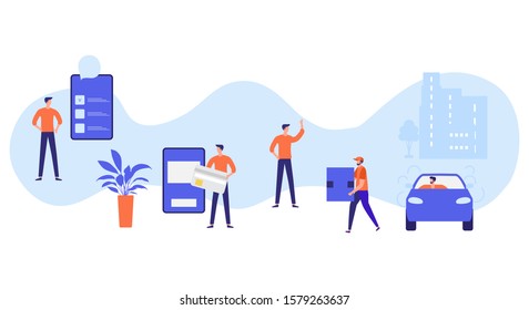 Vector illustration with people ordering freight services in the application on phone, pay, delivery by the car on white background. Fast and convenient shipping. Design for app, websites, print