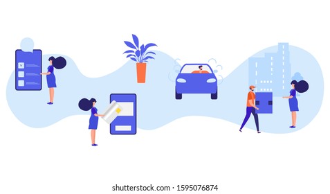 Vector illustration with people ordering freight services in the application on phone, pay, delivery by the car on white background. Fast and convenient shipping. Design for app, websites, print