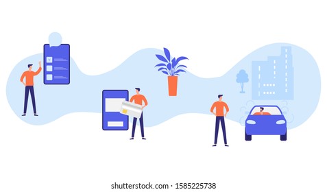 Vector illustration with people ordering taxi service in the application on phone on white background. Mobile city transportation. Professional in driving car. Cab business. Design for websites, print