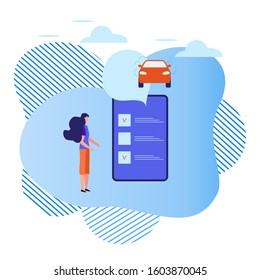 Vector illustration with people ordering taxi service in the application on phone on white background. Mobile city transportation. Rent a car. Cab business. Design for websites, print