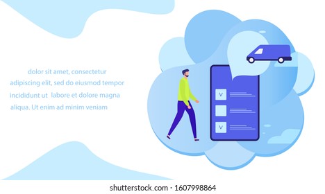Vector illustration with people ordering taxi service in the application on phone on white background. Mobile city transportation. Rent a car. Cab business. Design for websites, print, landing page