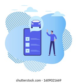 Vector illustration with people ordering taxi service in the application on phone on white background. Mobile city transportation. Rent a car. Cab business. Design for websites, print