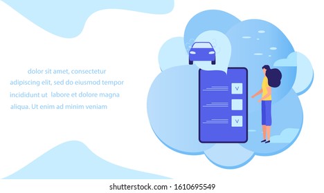 Vector illustration with people ordering taxi service in the application on phone on white background. Mobile city transportation. Rent a car. Cab business. Design for websites, print, landing page