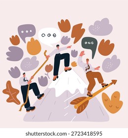 Ilustración vectorial de las personas Superando las dificultades. Subiendo encima de los empresarios en ascenso. Finalización del negocio. Competidor volando en la flecha hacia el objetivo