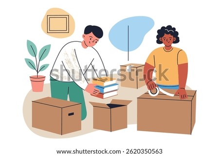 Vector illustration of people packing boxes for moving, man and woman preparing for relocation, cartoon characters moving out, flat scene with home interior and packed cardboard boxes