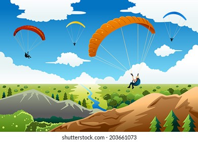 A vector illustration of people paragliding with a beautiful view under