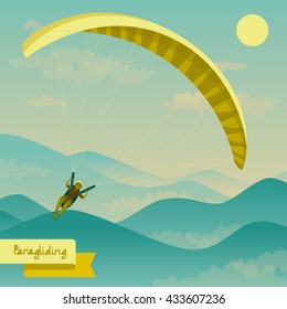 A vector illustration of people paragliding with a beautiful view under